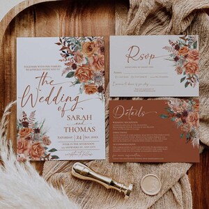 Terracotta Wedding Invitation Suite Template, Rust Floral, Burnt Orange Marriage Stationery Set, Bohemian Fall Details Insert RSVP Printable