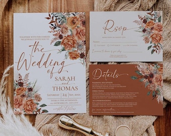 Terracotta Wedding Invitation Suite Template, Rust Floral, Burnt Orange Marriage Stationery Set, Bohemian Fall Details Insert RSVP Printable