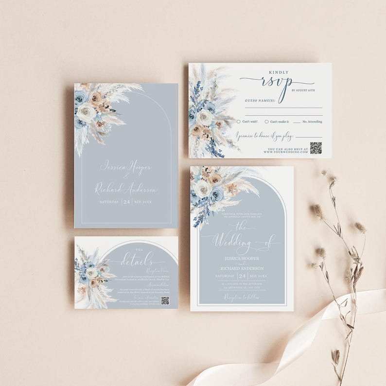 May include: A wedding invitation suite with a blue and white floral design. The invitation features a watercolor illustration of pampas grass and flowers. The text on the invitation reads "The Wedding of Jessica Hooper and Richard Anderson, Saturday, 24th of June".