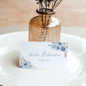 Boho Dusty Blue Place Card Templates, Wedding Name Cards, Place Card Template Editable Instant Download D010