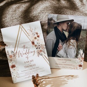 May include: A wedding invitation with a gold geometric design and a floral illustration. The text reads "The Wedding of Sarah and Thomas, Saturday 24 Sep, 20XX, Four in the afternoon, 13 Anywhere St, Any City, Reception".