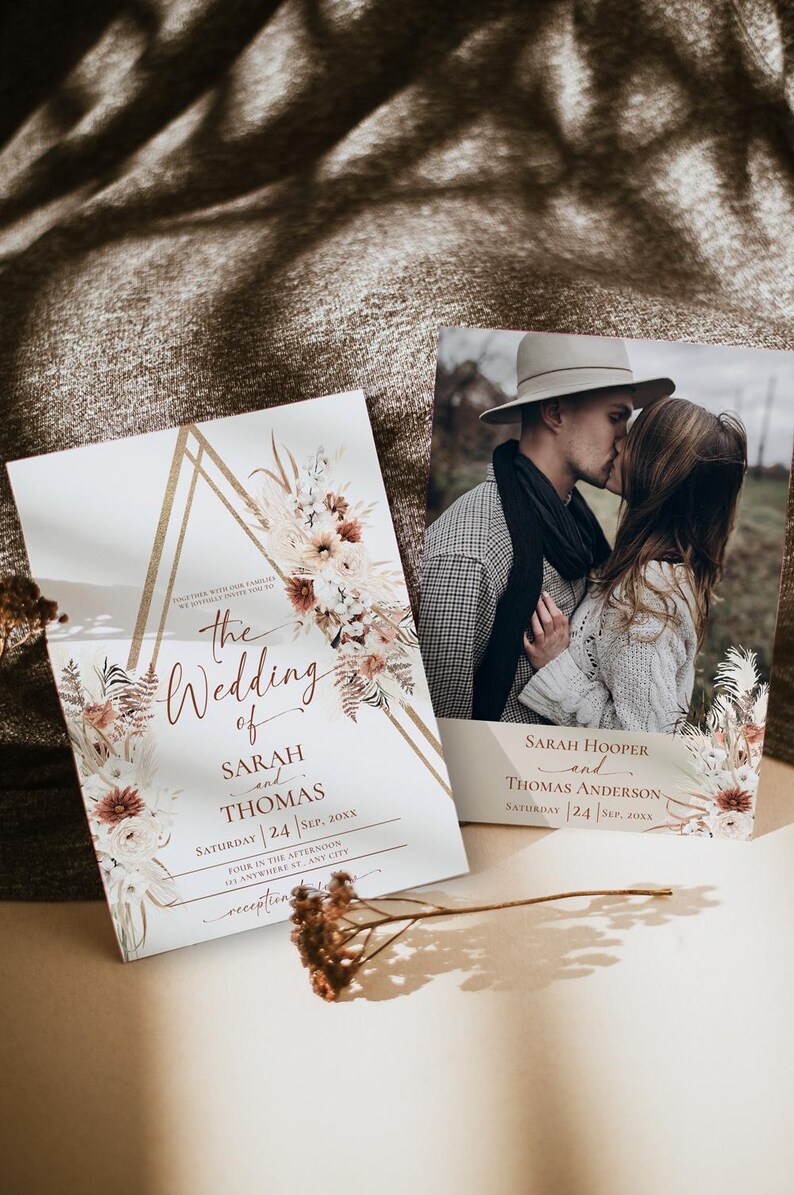 May include: A wedding invitation with a gold geometric design and a floral illustration. The text reads "The Wedding of Sarah and Thomas, Saturday 24 Sep, 20XX, Four in the afternoon, 13 Anywhere St, Any City, Reception".