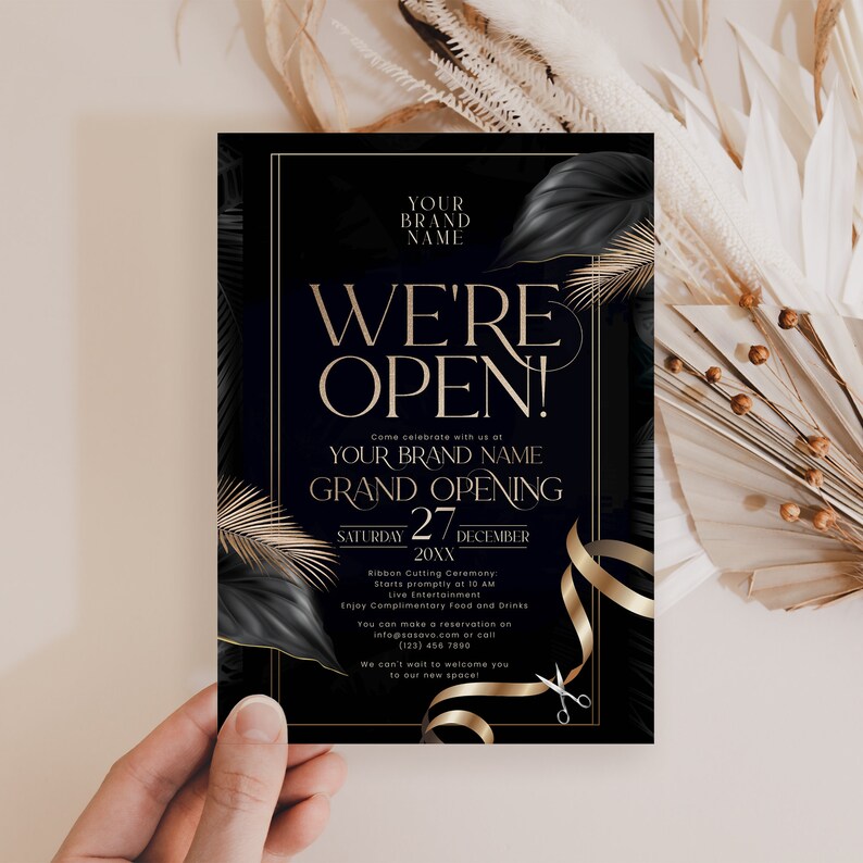 Modern launch party invitation in black and gold, editable for professional business events and store openings.