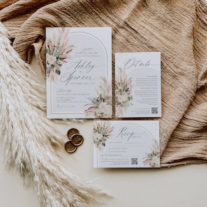 Boho Wedding Invitation Suite Template, Green Wedding Invite Suite Template, Greenery Wedding Set QR Code Pampas Wedding Printables E058