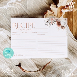 Boho Bridal Shower Recipe Card Printable, Editable Recipe template Printable, Rustic Bridal Shower #B006