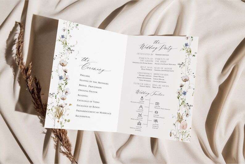 May include: A wedding ceremony program with a floral design. The program includes the order of the ceremony, the wedding party, and a wedding timeline. The text includes the names of the bride and groom, the officiant, the best man, the maid of honor, the bridesmaids, the groomsmen, the flower girls, and the ring bearers.