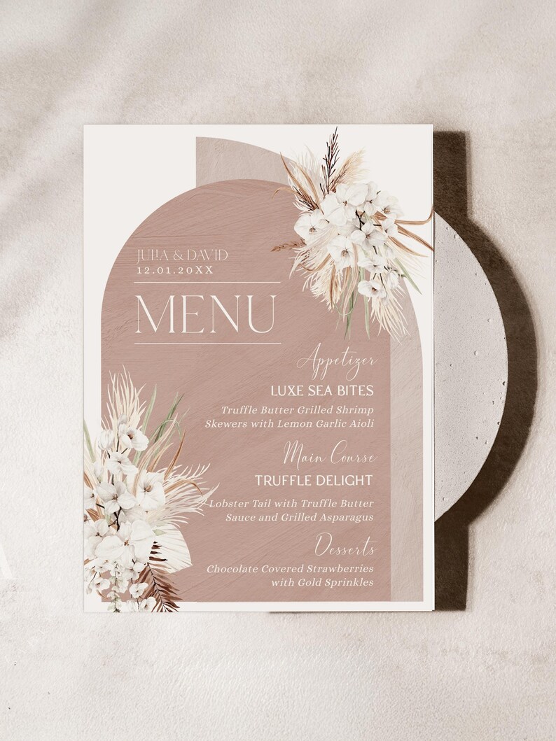 Boho Arched Menu Template, Terracotta Boho Wedding Menu Template, Bohemian Wedding Menu Cards Printable Thank You Place Card Template E029
