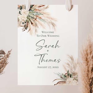 Bohemian Green Pampas Wedding Welcome Sign Template, Welcome To Our Wedding, Rustic Boho Wedding Signage Template E008