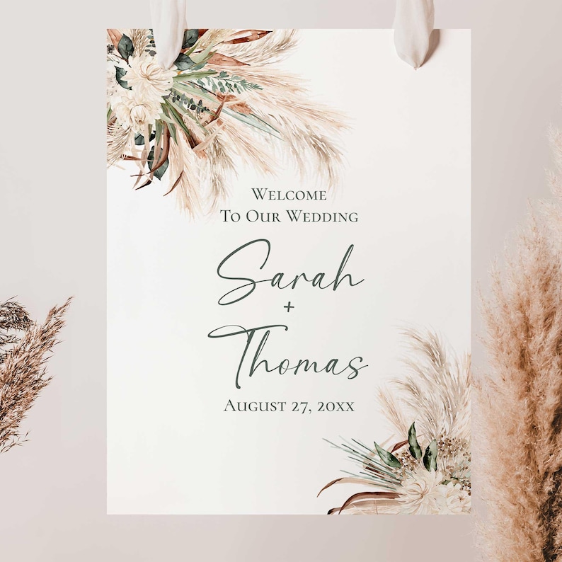 Bohemian Green Pampas Wedding Welcome Sign Template, Welcome To Our Wedding, Rustic Boho Wedding Signage Template E008