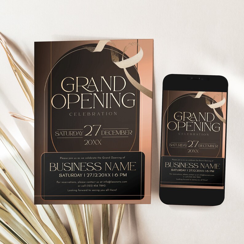 Launch party event invitation template in a contemporary business design, editable for grand openings and corporate gatherings.