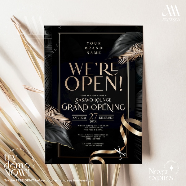 Black and Gold Grand Opening Invitation editable template, Business invitation, Launch Party digital invitation, We're open Invite C004