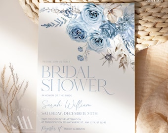 Boho Blue Floral Bridal Brunch Invitation: Editable Template (Digital Download) B012