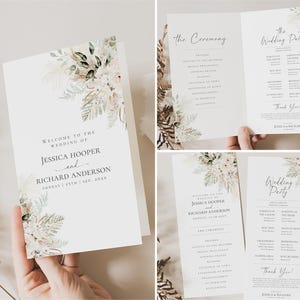 May include: A folded wedding program featuring a white background with watercolor botanical illustrations of pampas grass and greenery. The text includes the names Jessica Hooper and Richard Anderson, ceremony details, and a wedding party list.