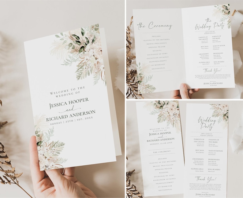 May include: A folded wedding program featuring a white background with watercolor botanical illustrations of pampas grass and greenery. The text includes the names Jessica Hooper and Richard Anderson, ceremony details, and a wedding party list.