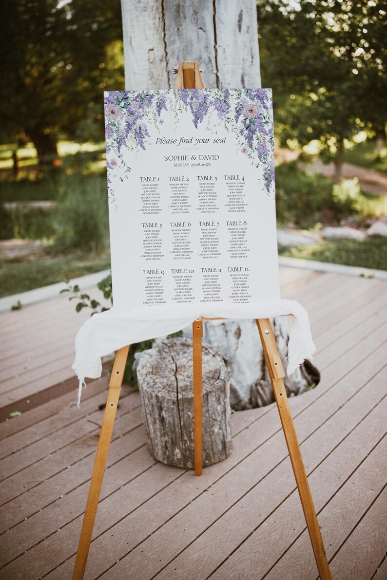 Purple Wisteria Wedding Seating Chart Template Printable, Seating Charts Sign, Find Your Seat Sign, Floral Wedding Seating Plan D014
