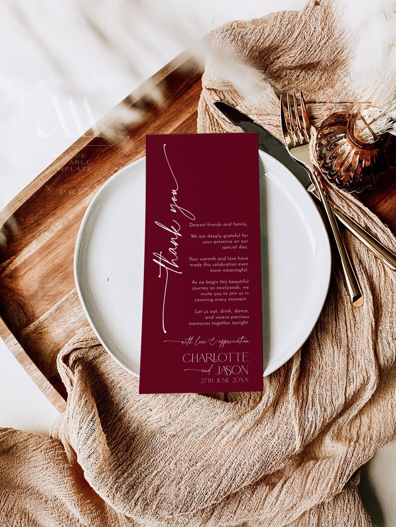 Boho Wedding Thank You Card Template: Rustic Burgundy