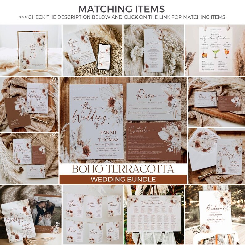 May include: A wedding invitation suite with a boho terracotta theme. The suite includes a save the date card, invitation, RSVP card, details card, table number cards, welcome sign, and a seating chart. The design features terracotta colors, pampas grass, and floral elements.