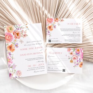 Colorful Flowers Wedding Invitation Template Editable, Spring Wedding Invitation Cards, Bright Wedding Invitation Suite Template E101