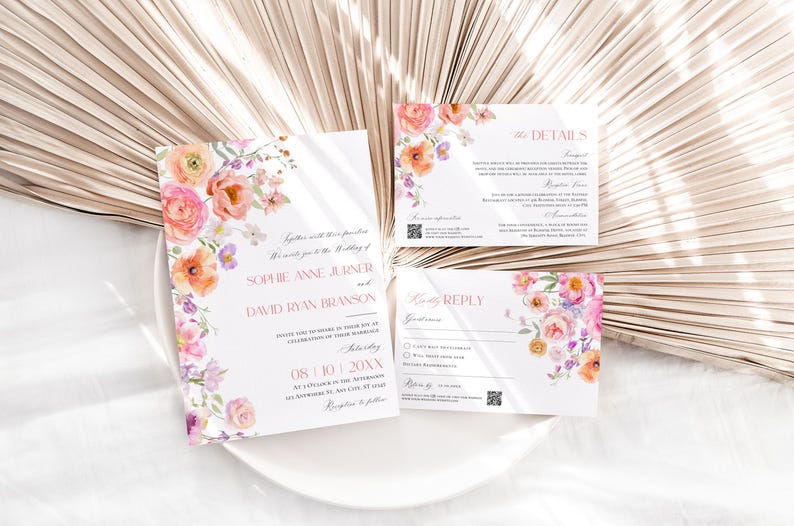 Colorful Flowers Wedding Invitation Template Editable, Spring Wedding Invitation Cards, Bright Wedding Invitation Suite Template E101