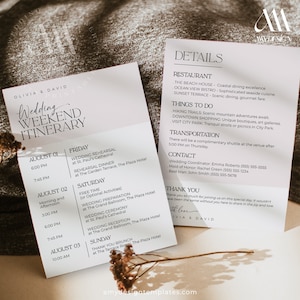 Modèle d'itinéraire de mariage imprimable, modèle d'itinéraire de week-end de mariage minimaliste, modèle modifiable de calendrier de mariage
