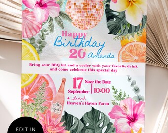 Disco Tropical Birthday Invitation, Pink Prosecco Pineapple Card, Sparkling Rose Gold BBQ, Hibiscus Plumeria Theme, Edit Canva Template