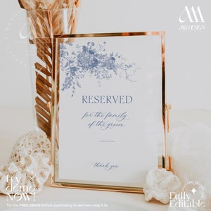 Minimalist Reserved Sign Template, Minimal Wedding Reserved Sign, Reception Sign Printable, Blue Wedding Instant Download D015