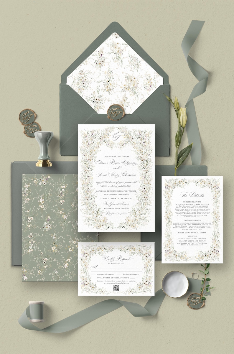 Wildflower Wedding Invitation Template, Elegant Wedding Invite Template Printable, Vintage Wedding Invitation Card, Wedding Suite D034