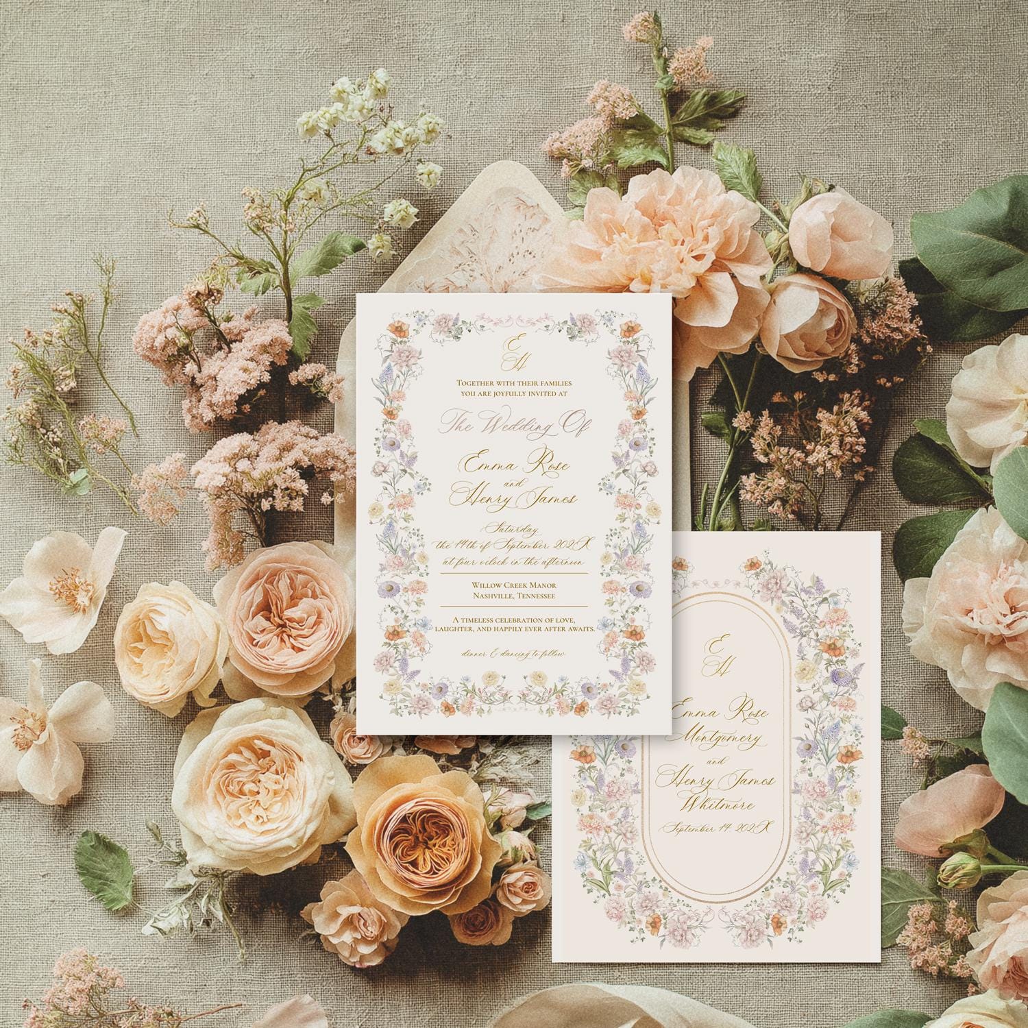 Flower Garden Wedding Invitation Template, Wildflower Colorful Wedding Invitation Cards, Vintage Pastel Wedding Template Printable E115