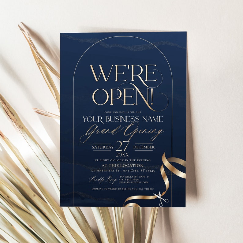 Editable grand opening invitation with navy background and gold ribbon, instant download for business events.
