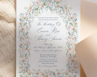 Wildflower Wedding Invitation Template, Dusty Blue Floral Invite Printable, Pastel Flower Arch Wedding Invitation 5x7, Editable Corjl