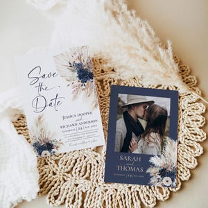 Boho Navy Blue Wedding Save the Date Cards, Navy Bohemian Wedding Save the Date Template with Photo E108