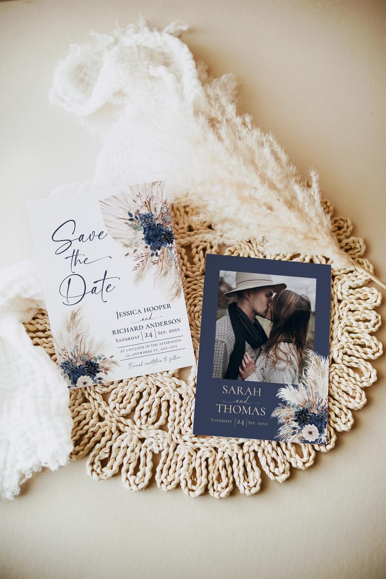 Boho Navy Blue Wedding Save the Date Cards, Navy Bohemian Wedding Save the Date Template with Photo E108
