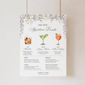 Minimalistische Hochzeits Signature Drink Schild Vorlage, Signatur Cocktail Zeichen, Wildflower Hochzeit Drink Schild druckbare bearbeitbare Vorlage D029