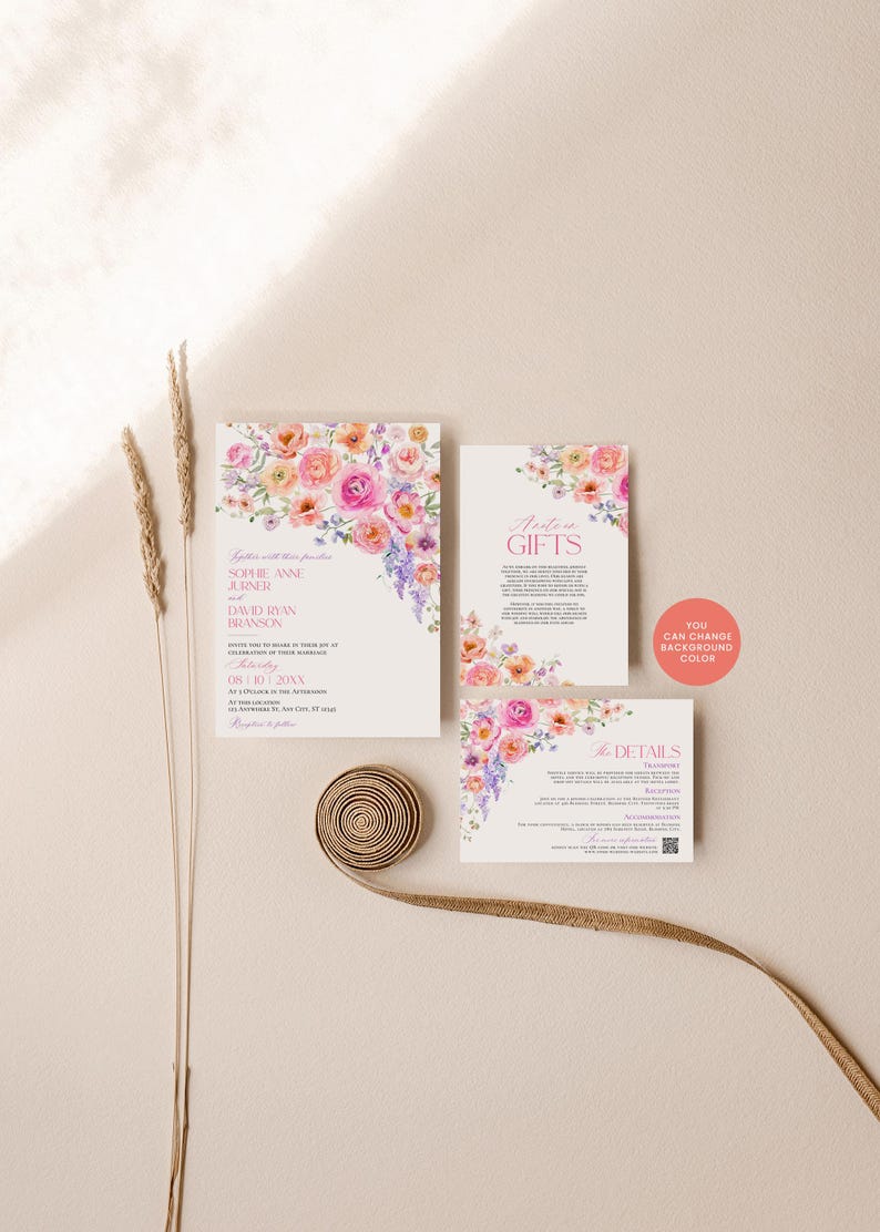 May include: A wedding invitation suite featuring watercolor floral arrangements in pink, orange, and purple. The set includes a main invitation, a gift card, and a details card with text, plus a round coral sticker stating YOU CAN CHANGE BACKGROUND COLOR.