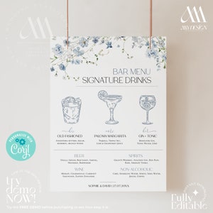 Printable Signature Cocktails Sign Template Wildflower Wedding Bar Sign Signature Drink Printable Sign Drink Menu Template D005