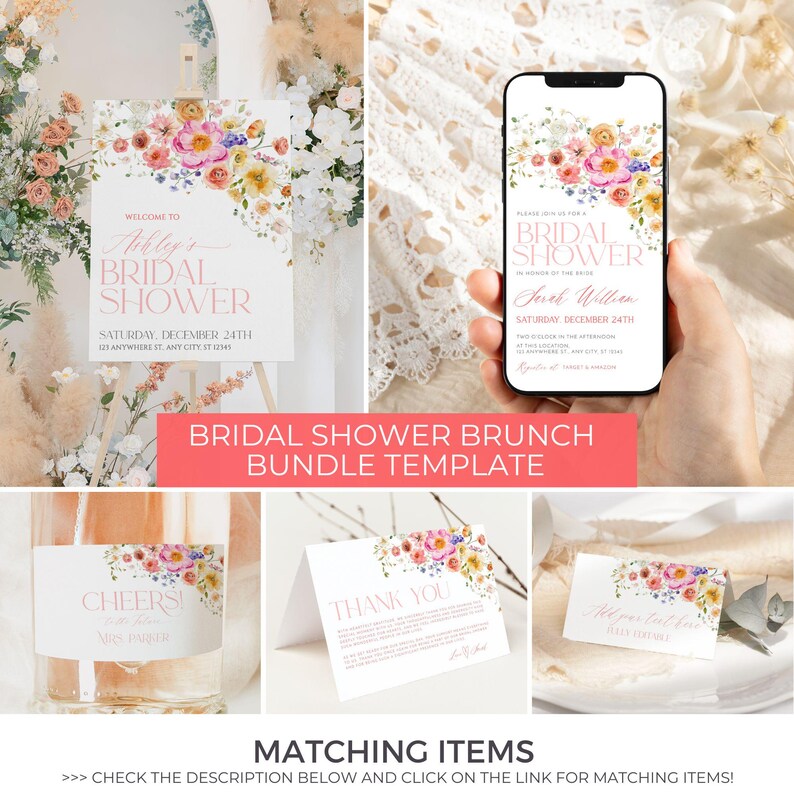 Pu&ograve; includere: Un modello di pacchetto per un brunch di addio al nubilato stampabile con un design floreale. Il modello include un cartello di benvenuto, un invito, un biglietto di ringraziamento e un cartello di brindisi. Il design floreale presenta fiori rosa, gialli e bianchi.