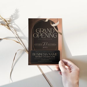 Printable corporate invitation design for grand openings, featuring clean typography and easy-to-edit text fields.