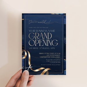 Printable corporate invitation and grand opening flyer with stylish navy and gold design.