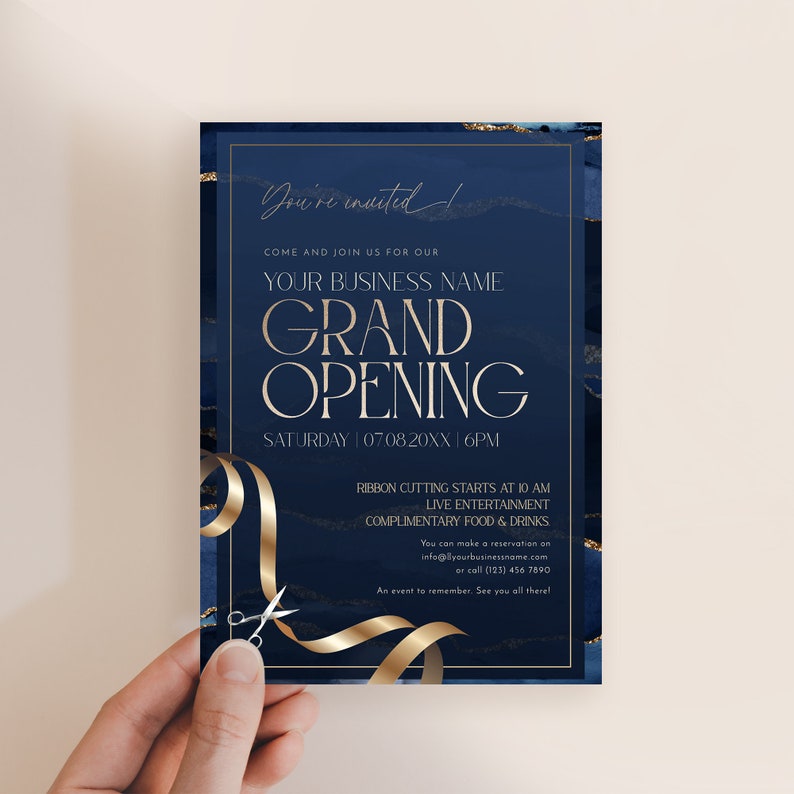 Printable corporate invitation and grand opening flyer with stylish navy and gold design.