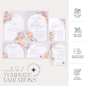 May include: A set of printable wedding invitation templates with a floral design featuring lilac and yellow flowers. The templates include a main invitation, RSVP card, and details card. The text on the main invitation reads "The Wedding of Jesica Hooper and Richard Anderson".