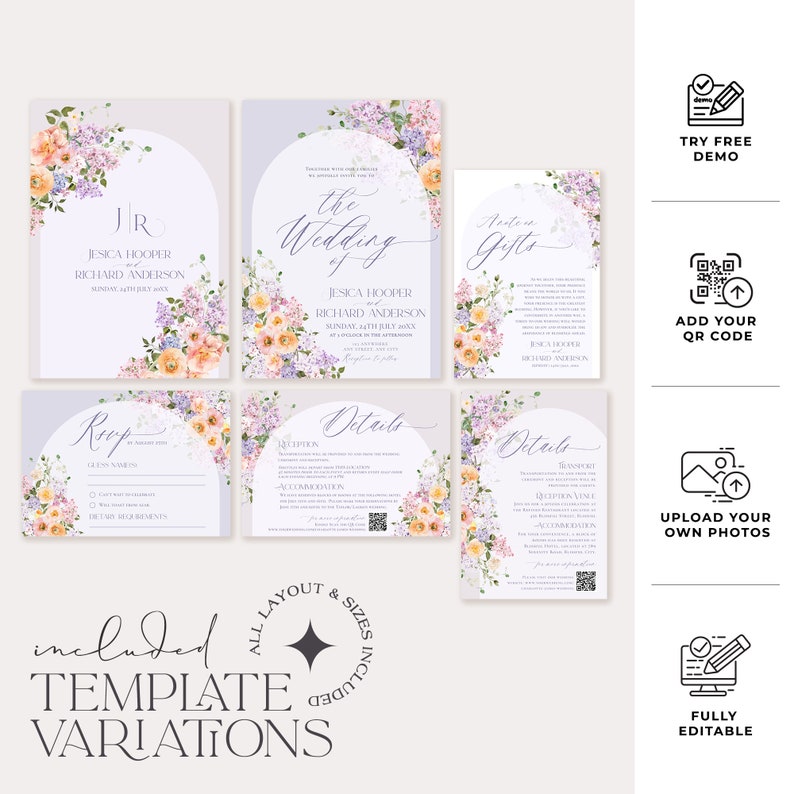 May include: A set of printable wedding invitation templates with a floral design featuring lilac and yellow flowers. The templates include a main invitation, RSVP card, and details card. The text on the main invitation reads "The Wedding of Jesica Hooper and Richard Anderson".