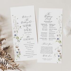 May include: A wedding ceremony program with a floral design featuring blue and white flowers. The program includes the names Sophie & David, the date 08.07.20XX, and the order of the ceremony. The program also includes a thank you message from the couple.
