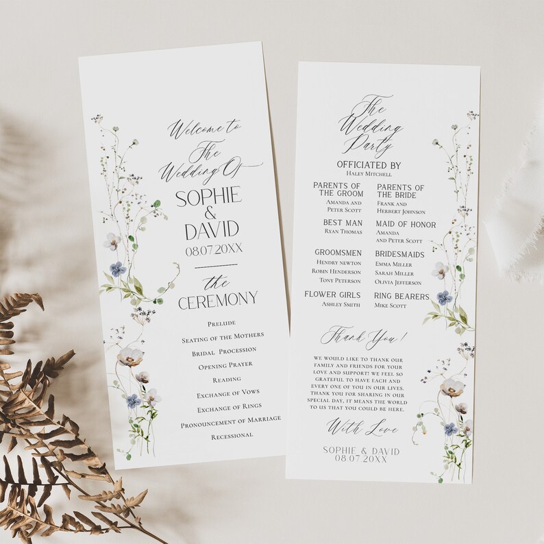 May include: A wedding ceremony program with a floral design featuring blue and white flowers. The program includes the names Sophie & David, the date 08.07.20XX, and the order of the ceremony. The program also includes a thank you message from the couple.