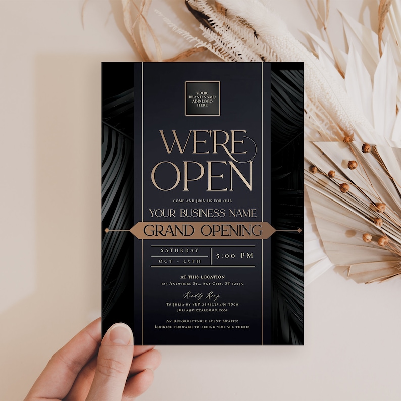 Minimalist “We’re Open” grand opening invitation template with clean lines and modern typography, fully editable for business launches.