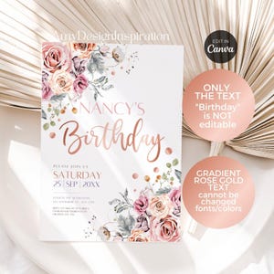 Rose Gold Birthday Invitation Template, Rose Pink Gold Girl Birthday Party Invitation, Pink Birthday Card Printable Canva Template #260