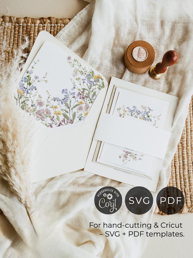 Wildflower Envelope Liner Template, DIY Envelope Liner A7 Euro Flap, Square Flap Envelope Liner Template Wedding Printable Bundle