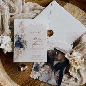 Navy Blue Save The Date Template With Photo, Boho Save The Date Card, Bohemian Pampas Rustic Wedding Printable Download E059