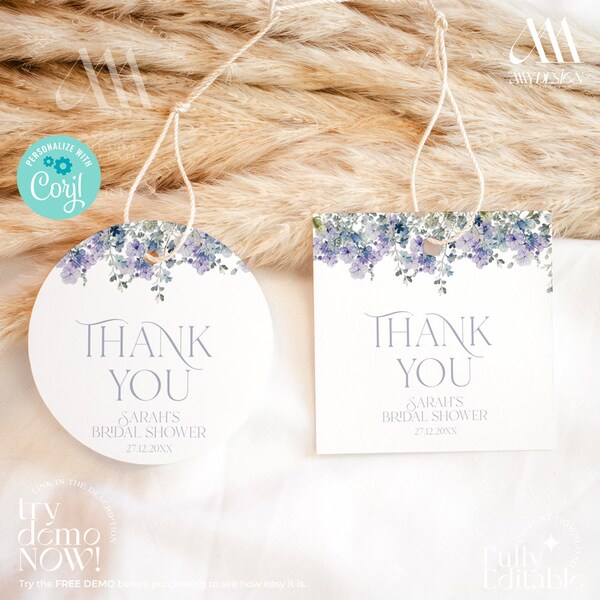 Purple bridal shower favors, Favor Tag template, Gift tag printable, Lavender Bridal Shower thank you tag B010