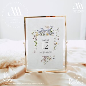 Printable Table Numbers, Wildflower Wedding Table Number Template, Table Number Wedding, Wildflower Table Number Cards Editable D002