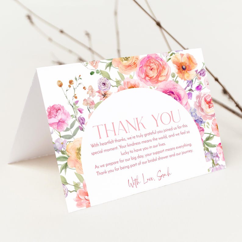 Floral Bridal Shower Thank You Card Template – Bright Flower Design, Editable Flat or Folded Card, Printable